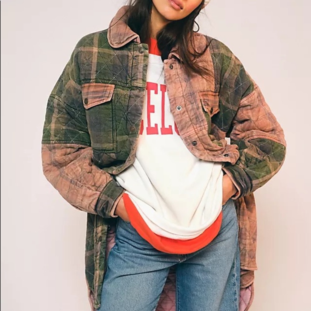 Free People Plaid Jacket in Green and Pink - Picture 2 of 8